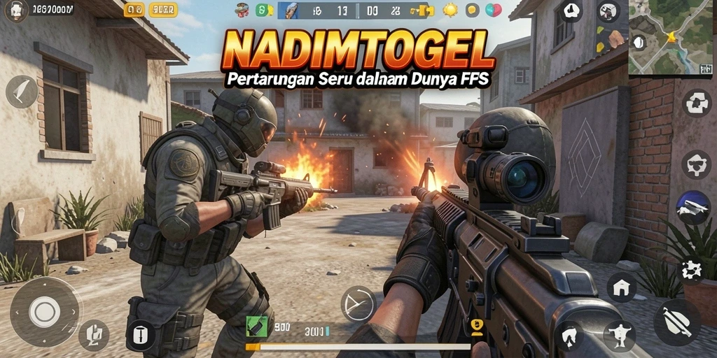 Screenshot NADIMTOGEL menampilkan aksi menegangkan di battlefield FPS.